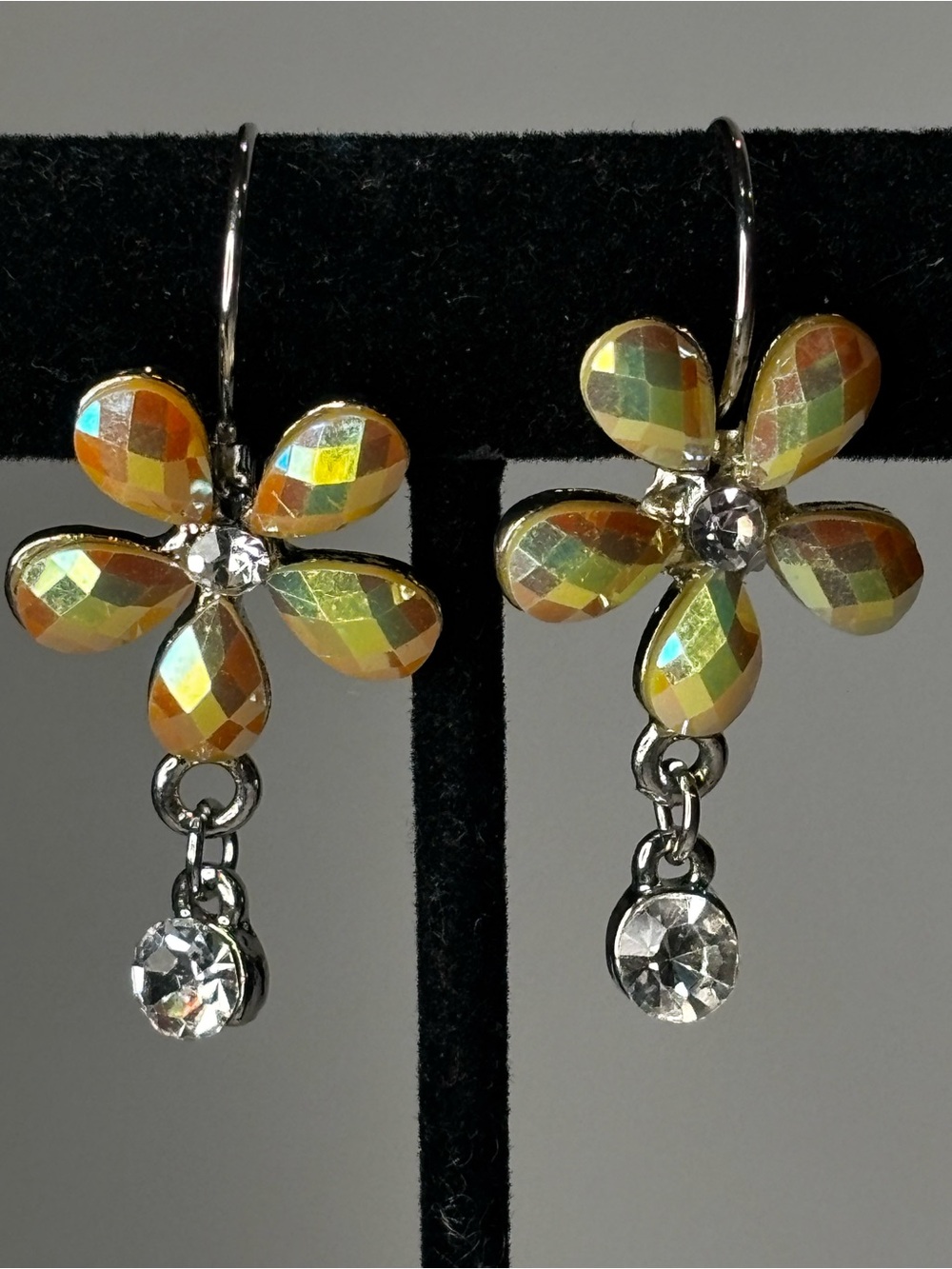 Y2K Iridescent Flower Dangle Earrings AB Crystal Floral Drop Rhinestone